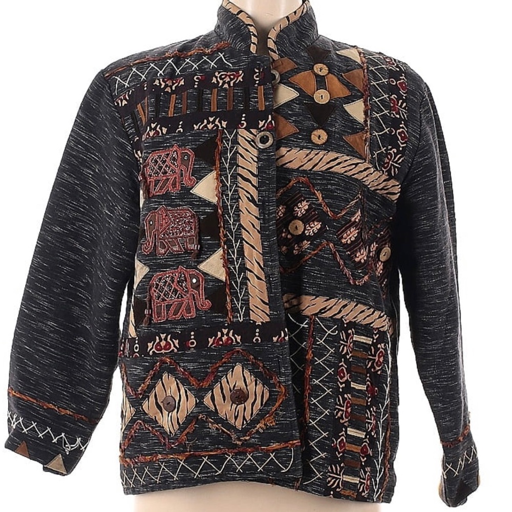 Yak Magik Patchwork Blazer Grey Elephants Embroidered Detail Cork Buttons sz M